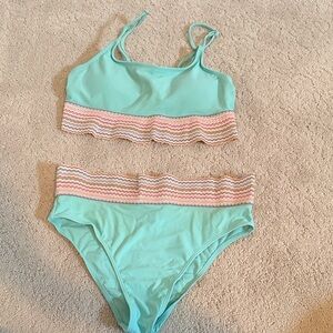 Aqua Bikini Set with Pink and White Trim